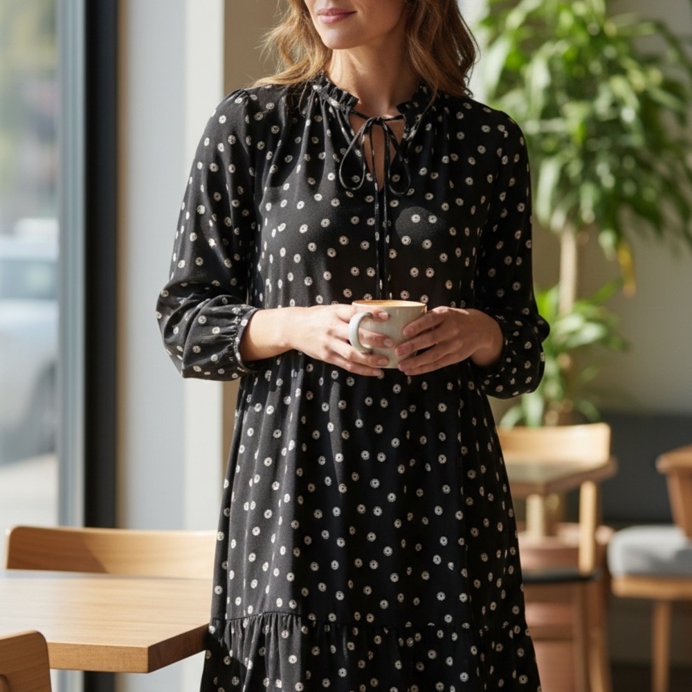 LOFT Black and White Polka Dot Long Sleeve Dress
